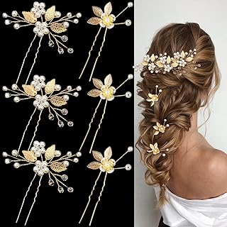 6 Pieces Bridal Wedding Hair Pins Gold Leaf Crystal Pearl Hair Pins Clips Headpiece Vintage Wedding Hair Accessories Jewelry with Rhinestone for Brides Bridesmaids Flower Girls (Elegant)