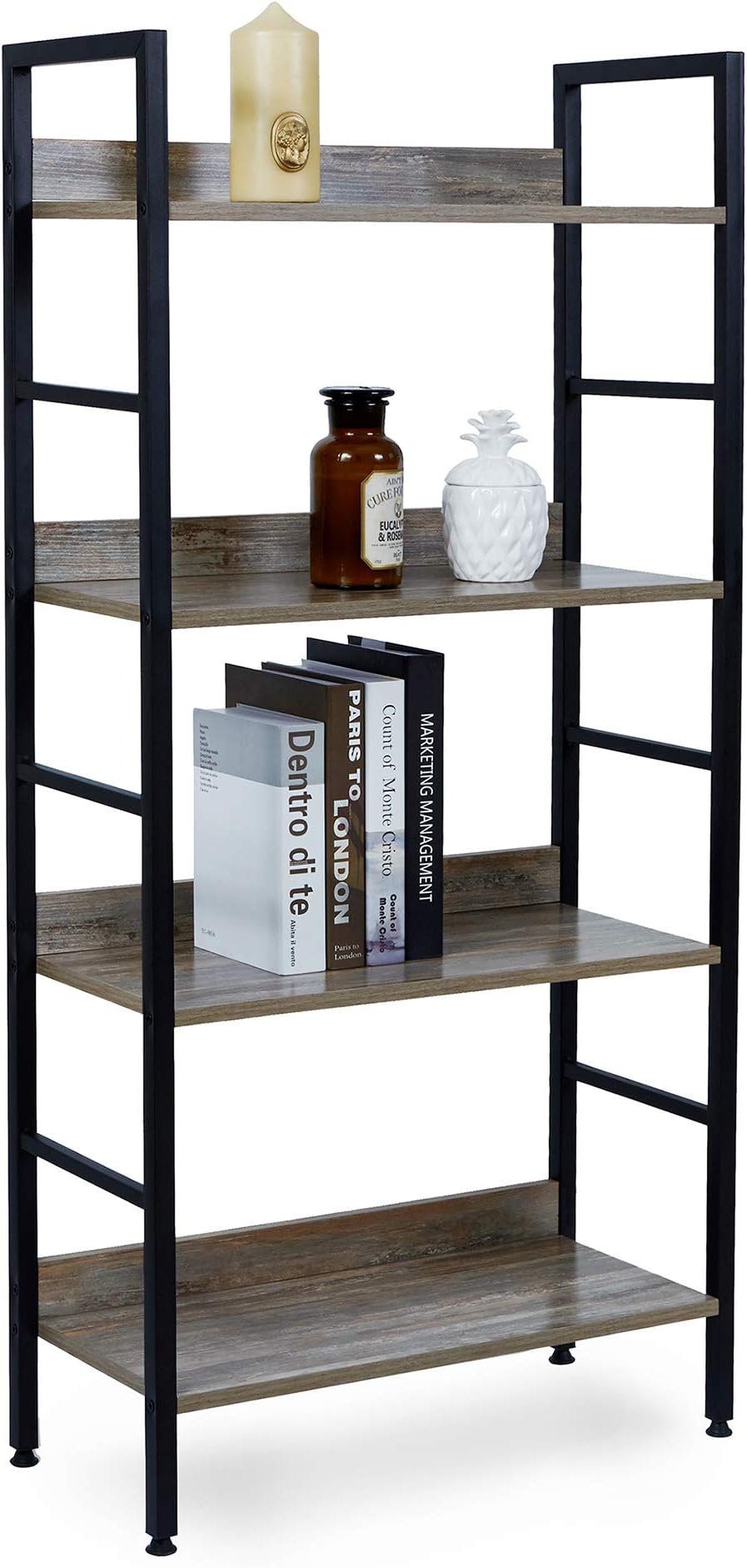 Suhu Vintage Bookshelf Shoe Shelve Leaning Rack Shelves Standing Metal Shelving Unit Industrial Wooden Storage Plant Display Shelf for Kitchen Office Bedroom Living Room Hallway 4 Tiers Steel Black