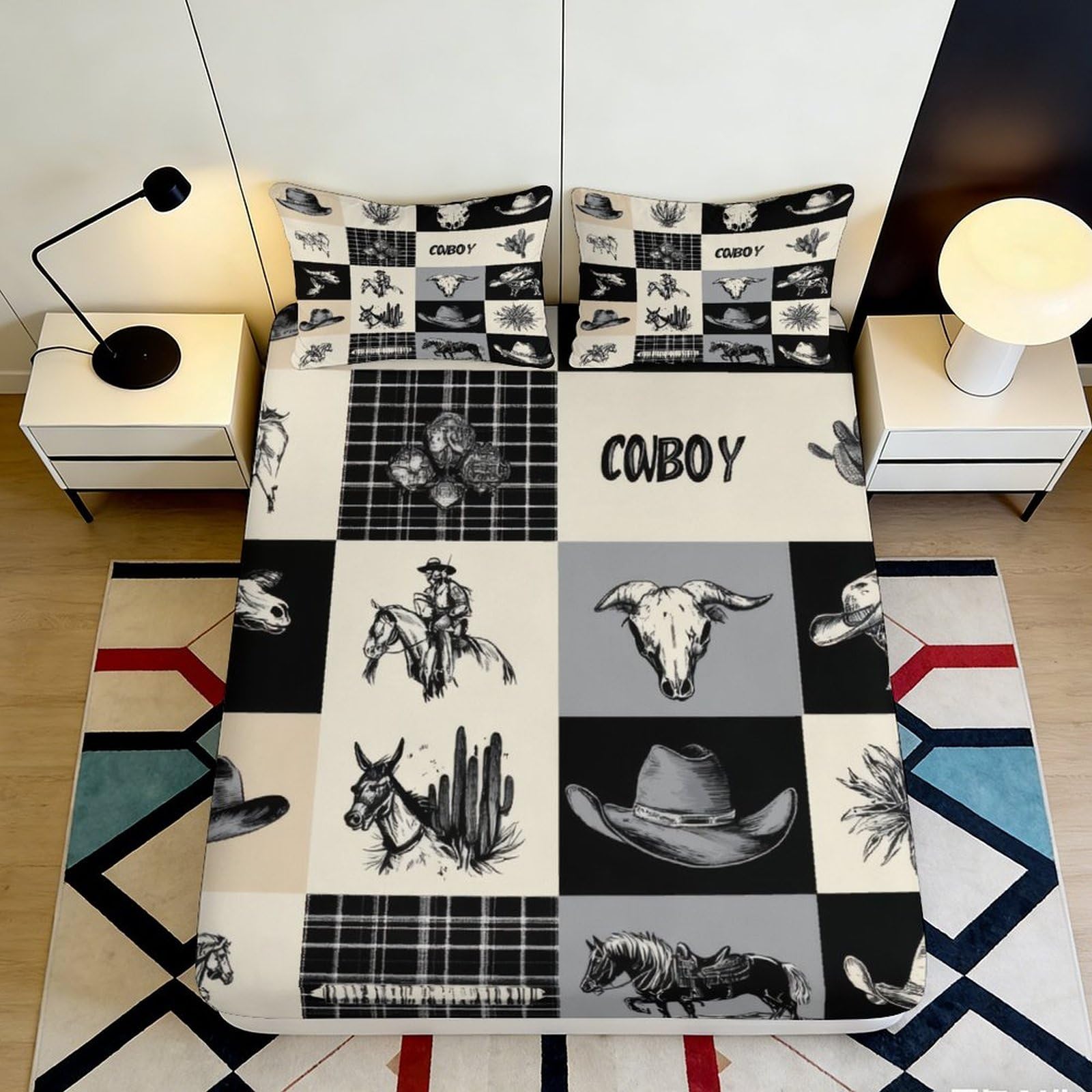 3D Printed Western Cowboy Fitted Sheet Microfiber Soft Breathable Ranch Skull Bed Cover for Bedroom Guest Room 90x200x25cm