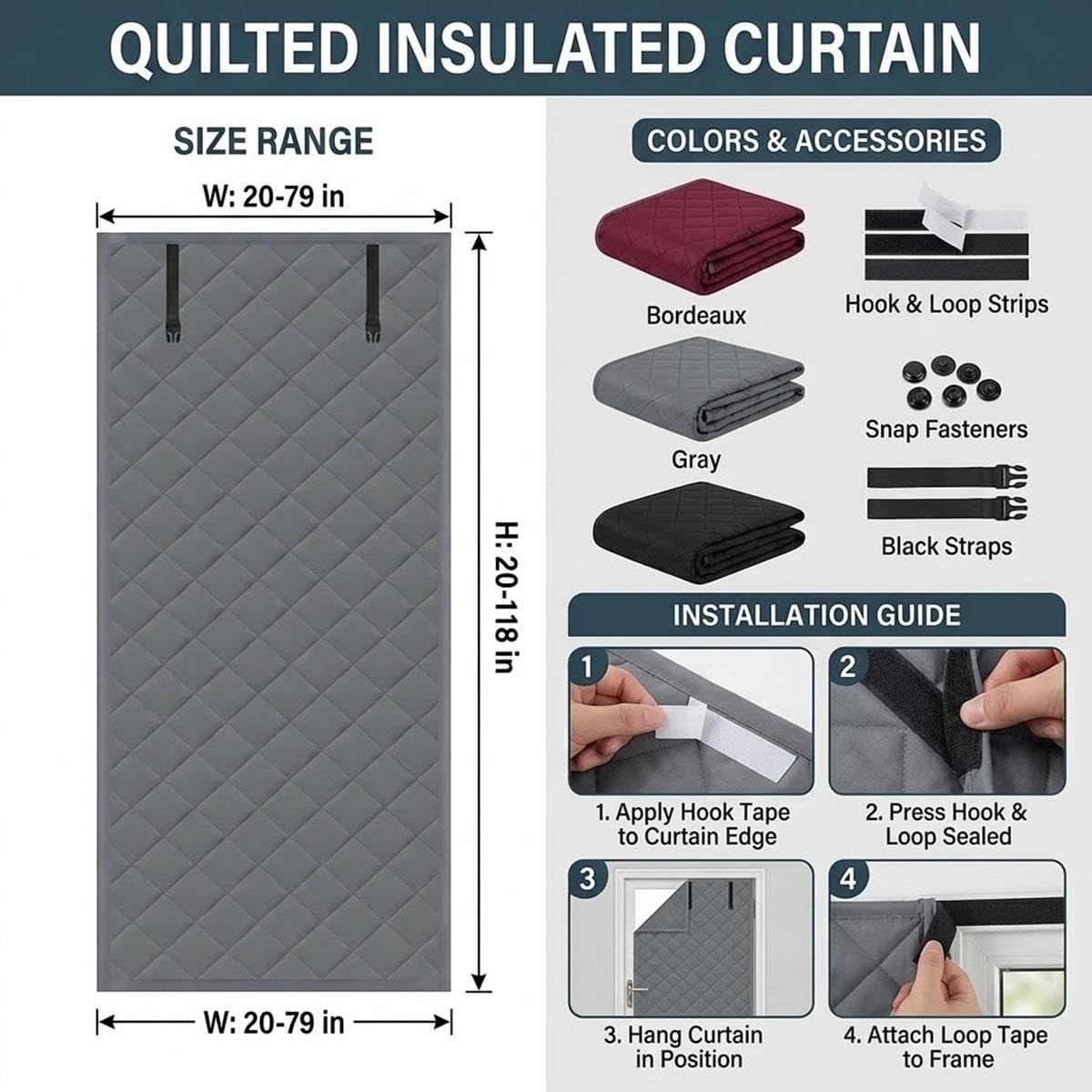 Film d'Isolation Thermique pour Fenêtres, Kit de Rideaux Isolants Visibles 60 80 100 120cm, Couverture de Fenêtre 3 Couches en Coton Oxford, Garde l'Air Chaud pour Le Camping-Car(Gris,119x259cm)