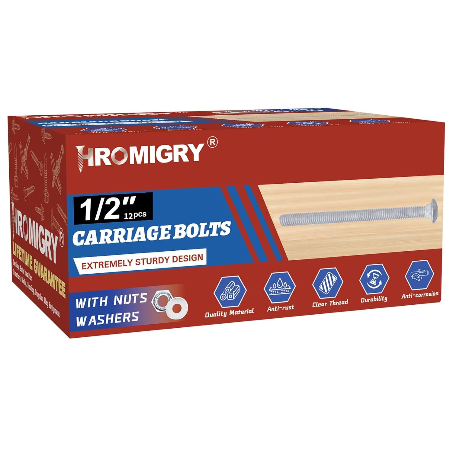 1/2" x 12" Carriage Bolts (12 PCS), Hot Dip Galvanized, Heavy Duty Round Head with Washers and Nuts