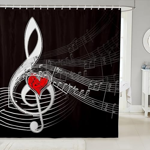 Juego de cortina de ducha con temática musical, juego de ropa de cama con notas voladoras para niños y niñas, estilo musical de amor de corazón,