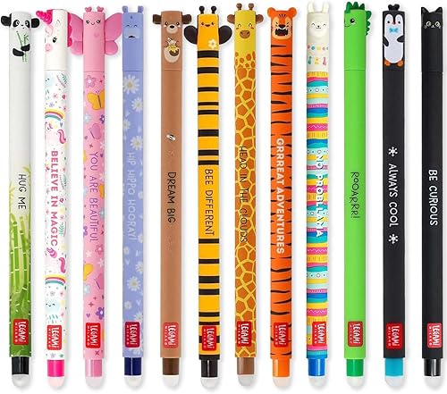 Lot 12 stylos gel effaçables Legami animaux couleurs assorties