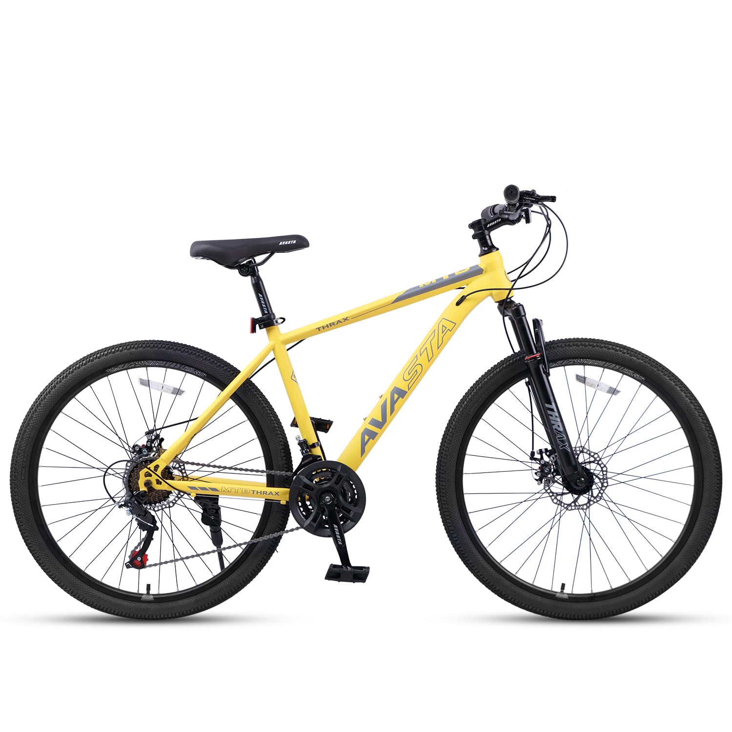 AVASTA VTT 26/27,5" pour homme et femme adulte avec cadre en acier haute résistance et freins à double disque, suspension de roue avant, dérailleur 21 vitesses, câbles de frein cachés