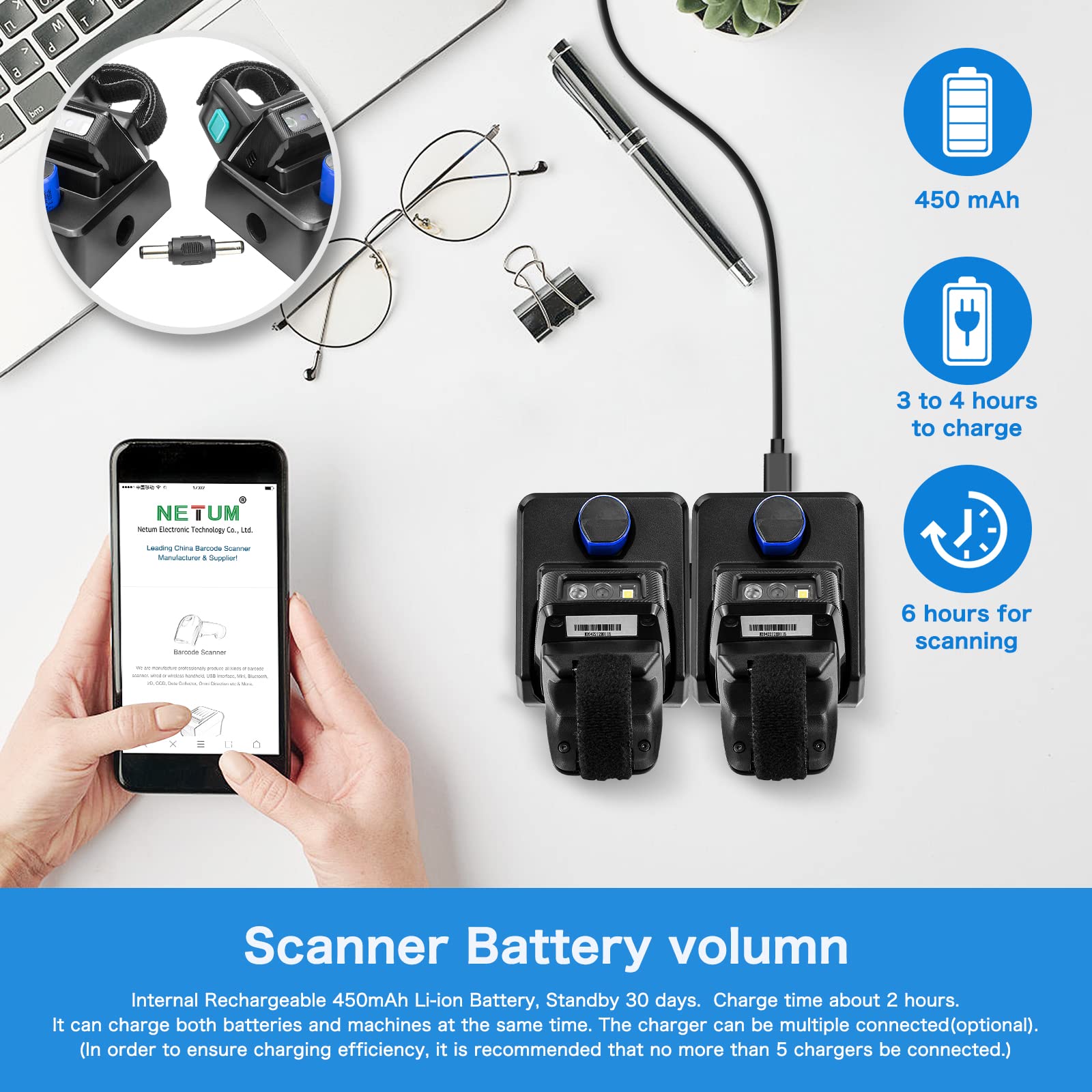 NETUM Mini lettore di codici a barre ad anello wireless 2D Bluetooth, lettore di codici a barre indossabile con base di ricarica e memoria incorporata, scansione rapida e precisa - RS9000