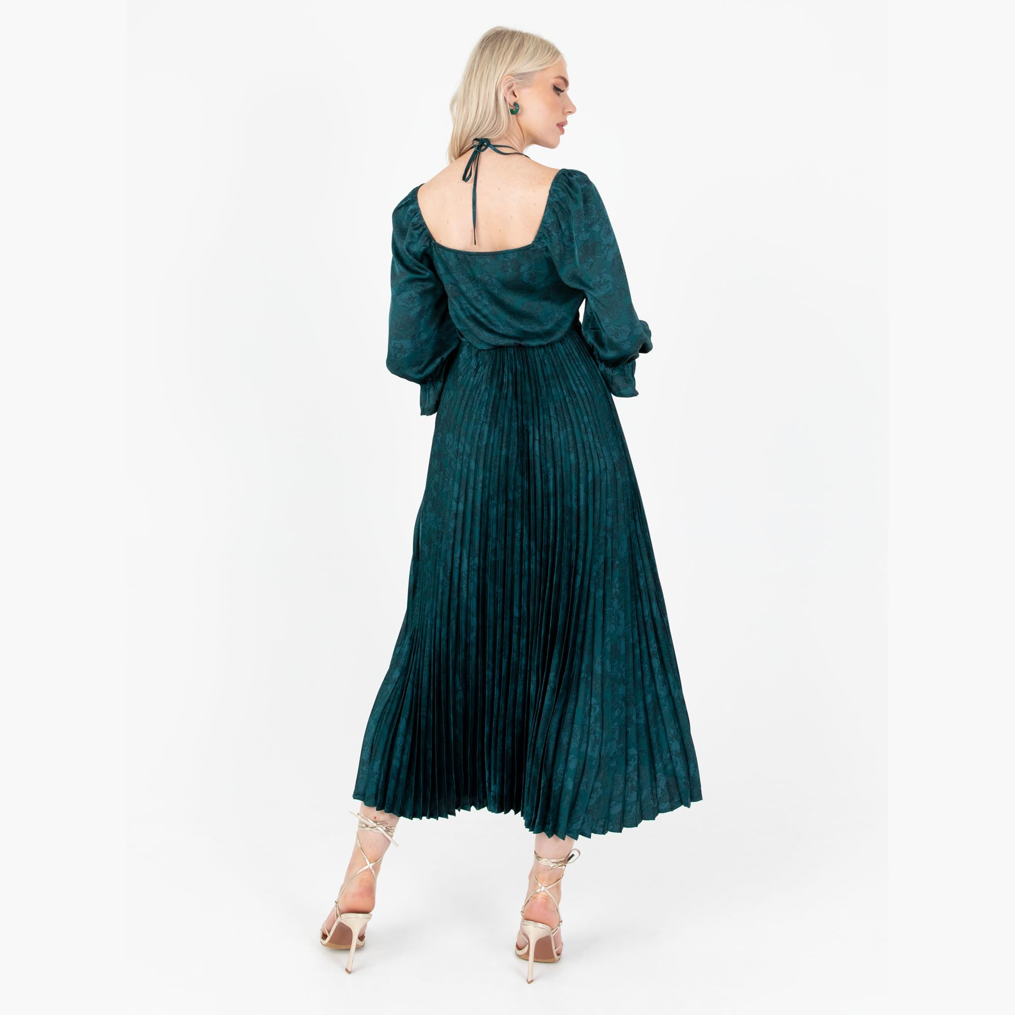 Lovedrobe Women's Midaxi Dress Ladies Emerald Green Pleated Empire A-Line High Waist Tie Neck Wedding Guest Cocktail Evening Prom Vestito Donna