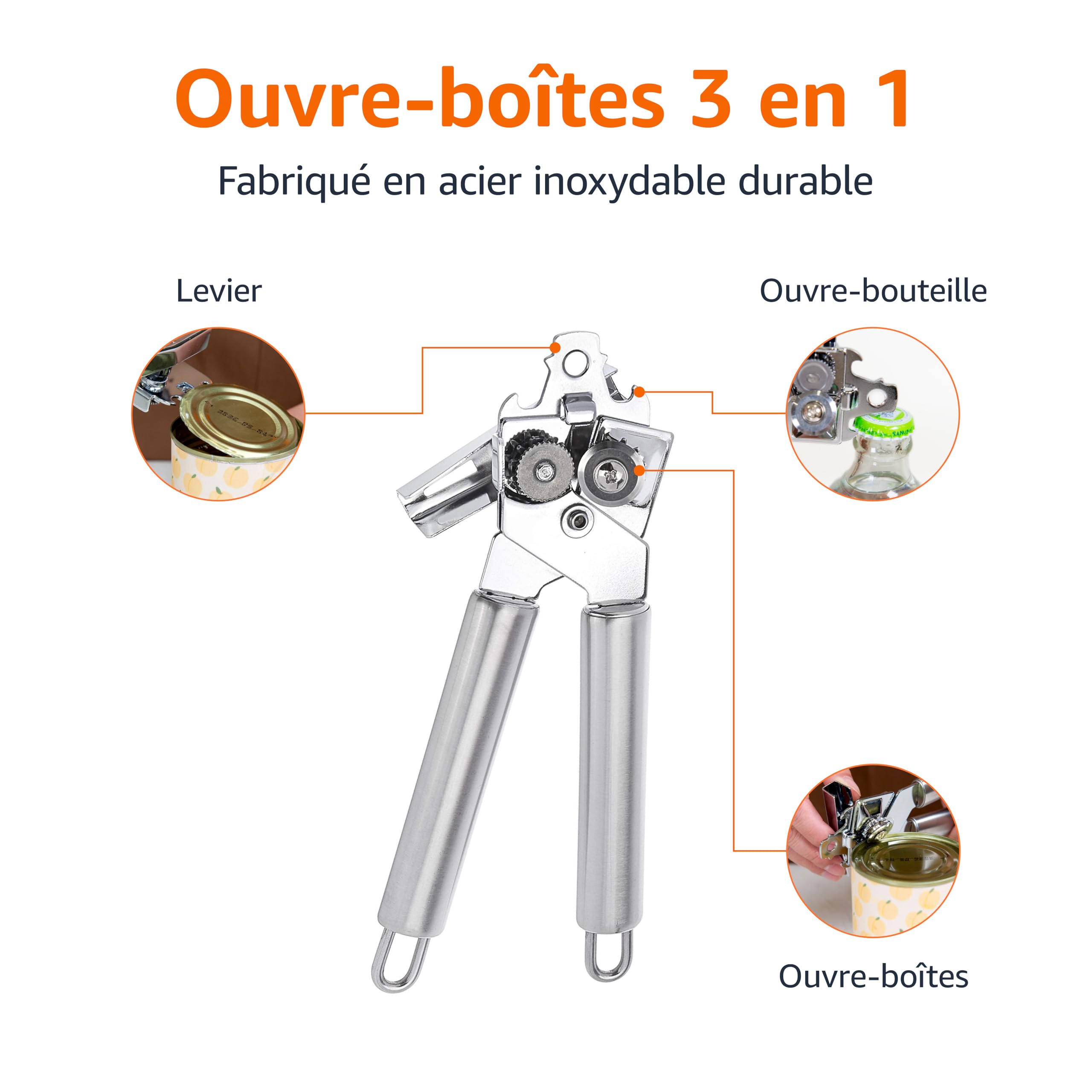 Amazon Basics Ouvre-boîte manuel 3 en 1 acier inoxydable 21.59 x 5.08 x 4.45 cm
