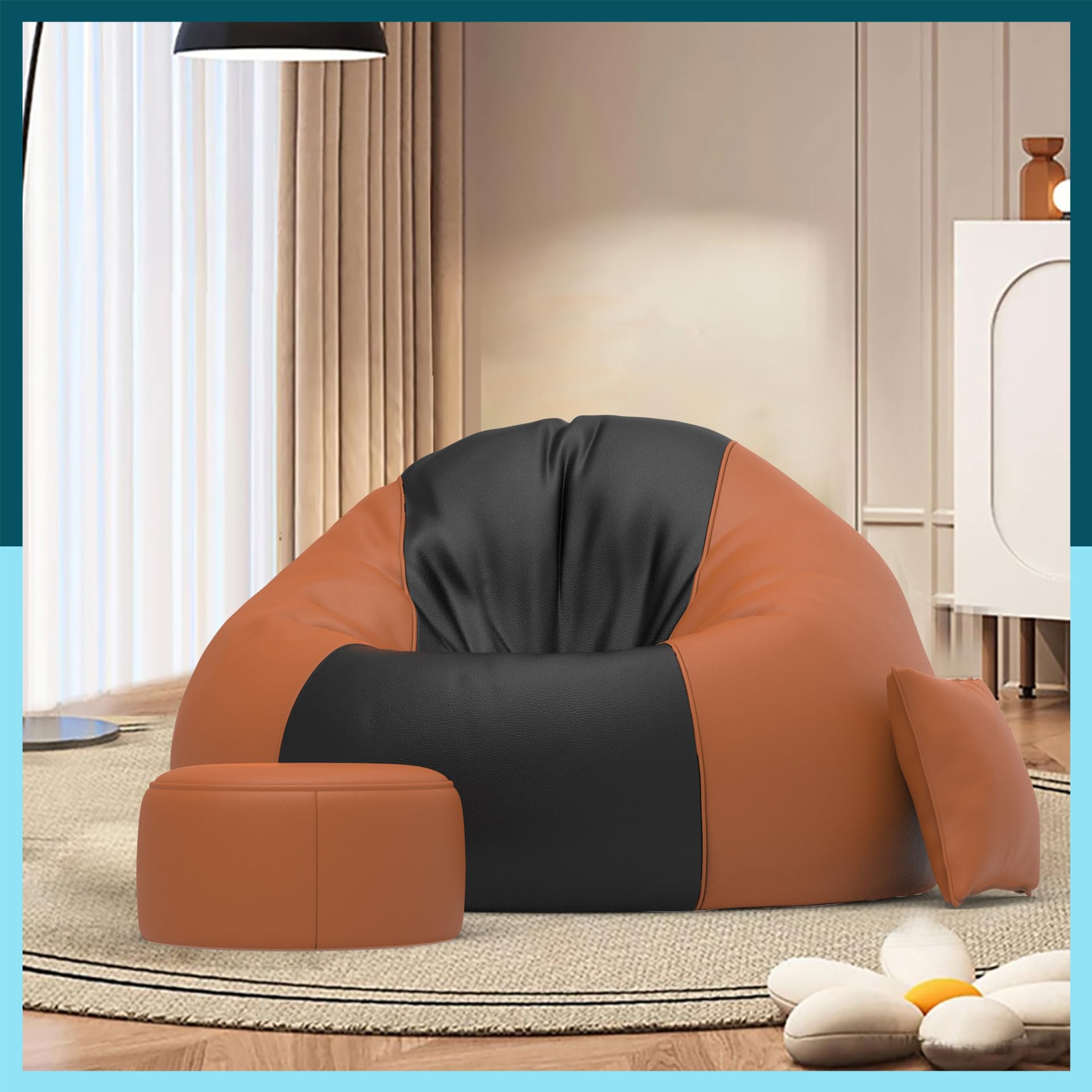 Biggie Bean Bag 7XL Bean Bag Chair with Beans Filled - The Classics Bean Bag Sofa - Combo Set-Styled for Elegance with Free Cushion & Footrest (Matching Color : Yfora Black Tan-Brown)