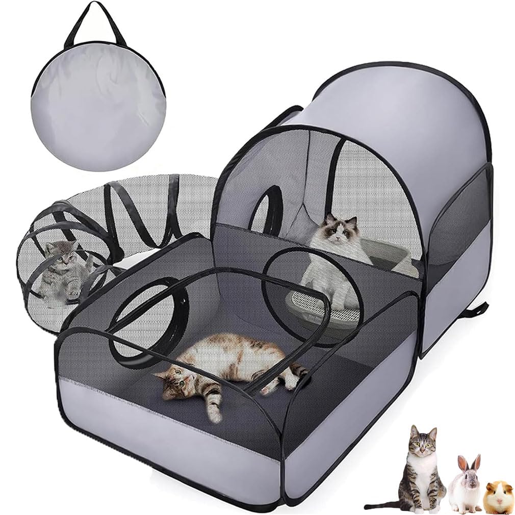Large Cat Tunnel for Play and Lounging, 2-in-1 Outdoor Cat Playpen with Tunnel, Outdoor Cat Tunnel & Play Tent, Foldable Mesh Cat Enclosure Playground, Portable Pet Play Tent for Cats, Rabbits ，S