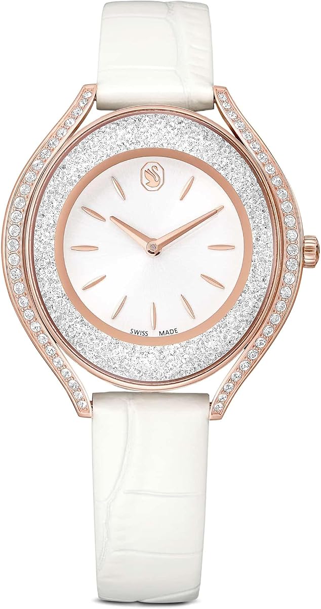 Swarovski Crystalline Aura Watch, Swiss Made, Leather Strap, White, Rose Gold-Tone Finish