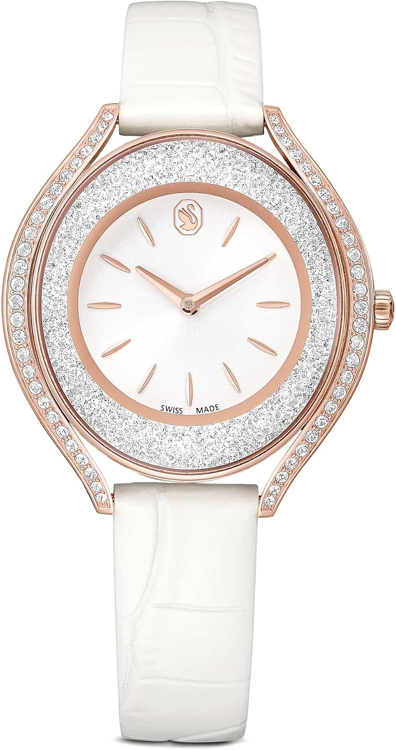 Swarovski Crystalline Aura Watch, Swiss Made, Leather Strap, White, Rose Gold-Tone Finish