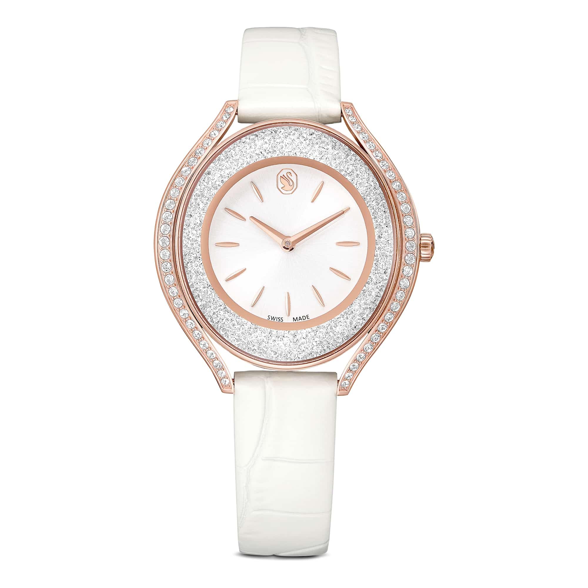 Swarovski Armbanduhr Armbanduhr Crystalline aura – Weißes Lederarmband, Roségoldfinish, Swiss Made