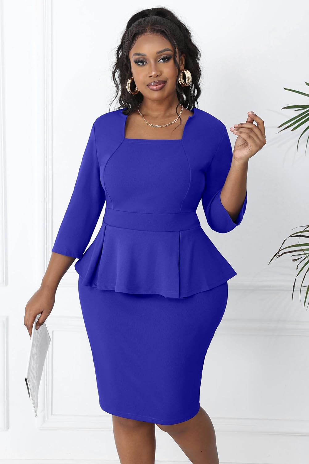 Runwind Plus Size Dress for Curvy Women Midi Church Wear to Work Bodycon Vintage Peplum 3/4 Sleeve Sheath Pencil Dress - Image 2
