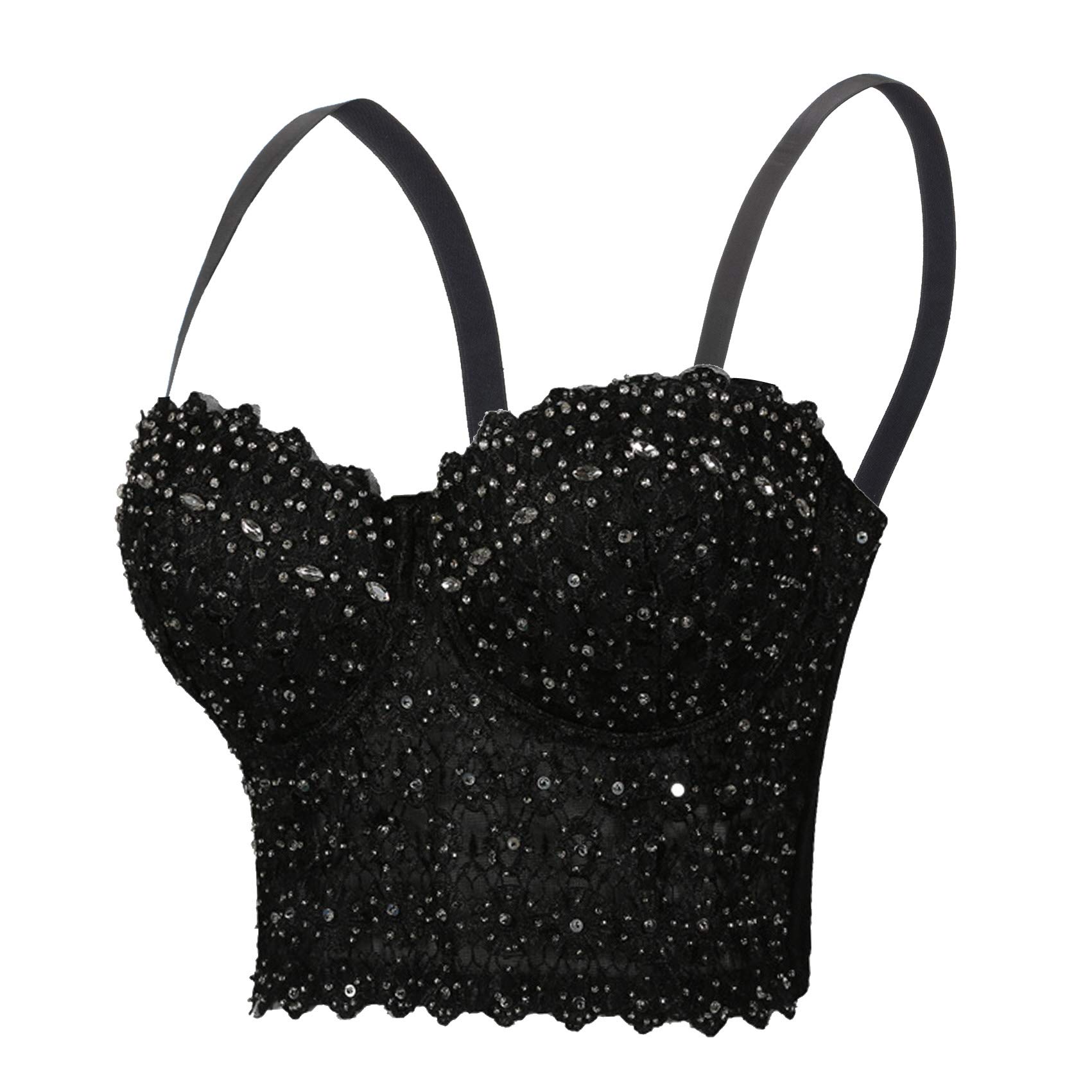 Woboren Women's Sequin Bustier Corset Wedding Party Crop Top Bra Vest (Black, XS)