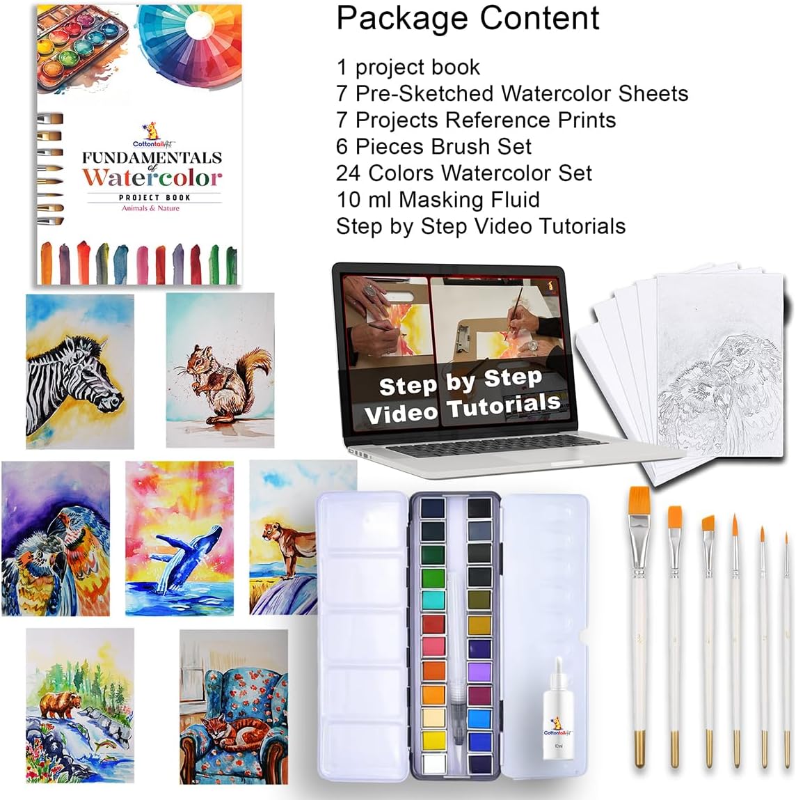 Cottontail Art Watercolors Painting Kit with Video Tutorials, Artist Grade Painting Supplies, Instruction Books, Pre-Sketched Sheets and Reference Prints. Art Gift for All Levels (Animals & Nature)