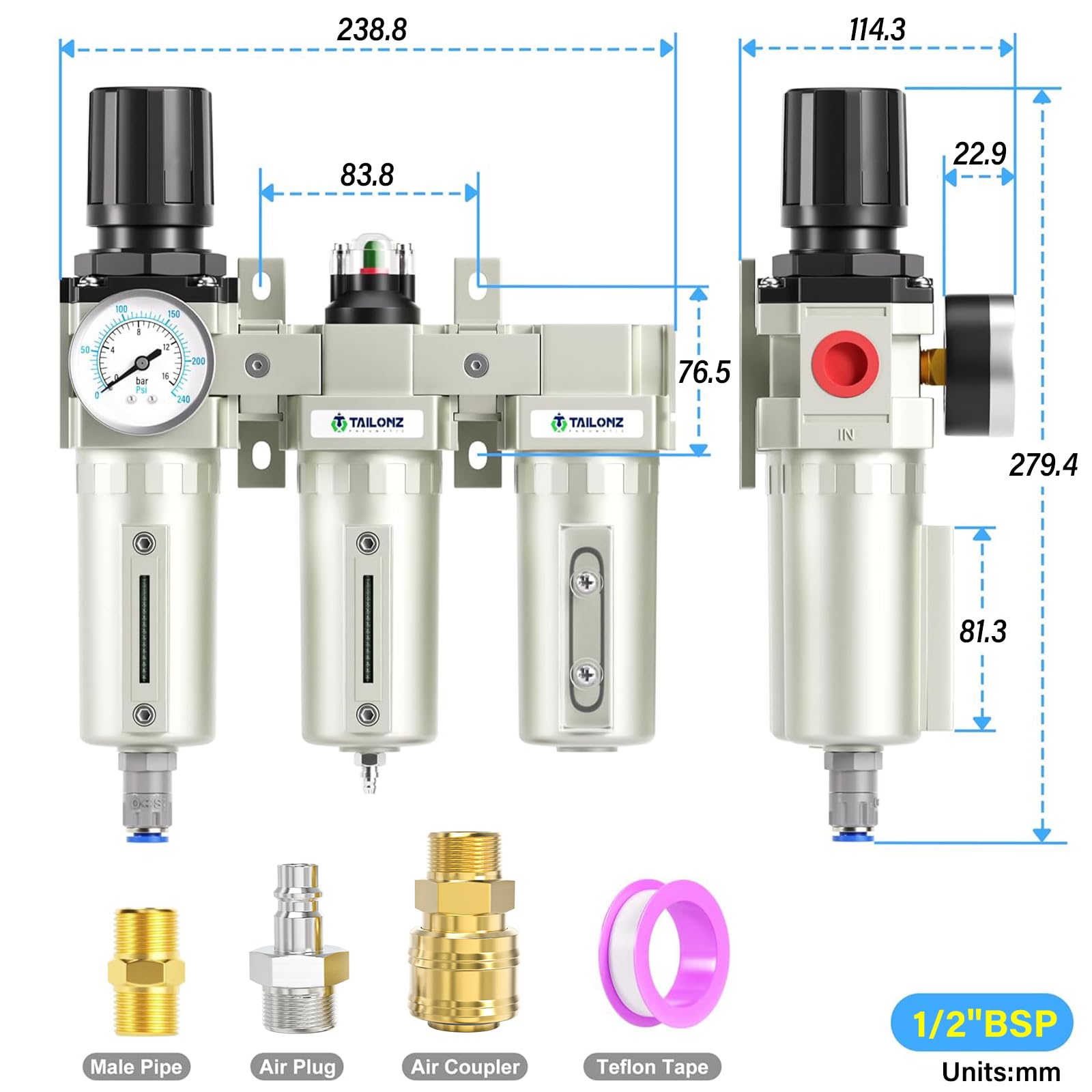 TAILONZ PNEUMATIC 0-1.6MPA 1/2 Inch BSP Sistema Industrial de Secado de Aire de Tres Etapas, Filtro de Partículas, Filtro Coalescente, Secador Desecante y Regulador de Aire (Drenaje Automático)