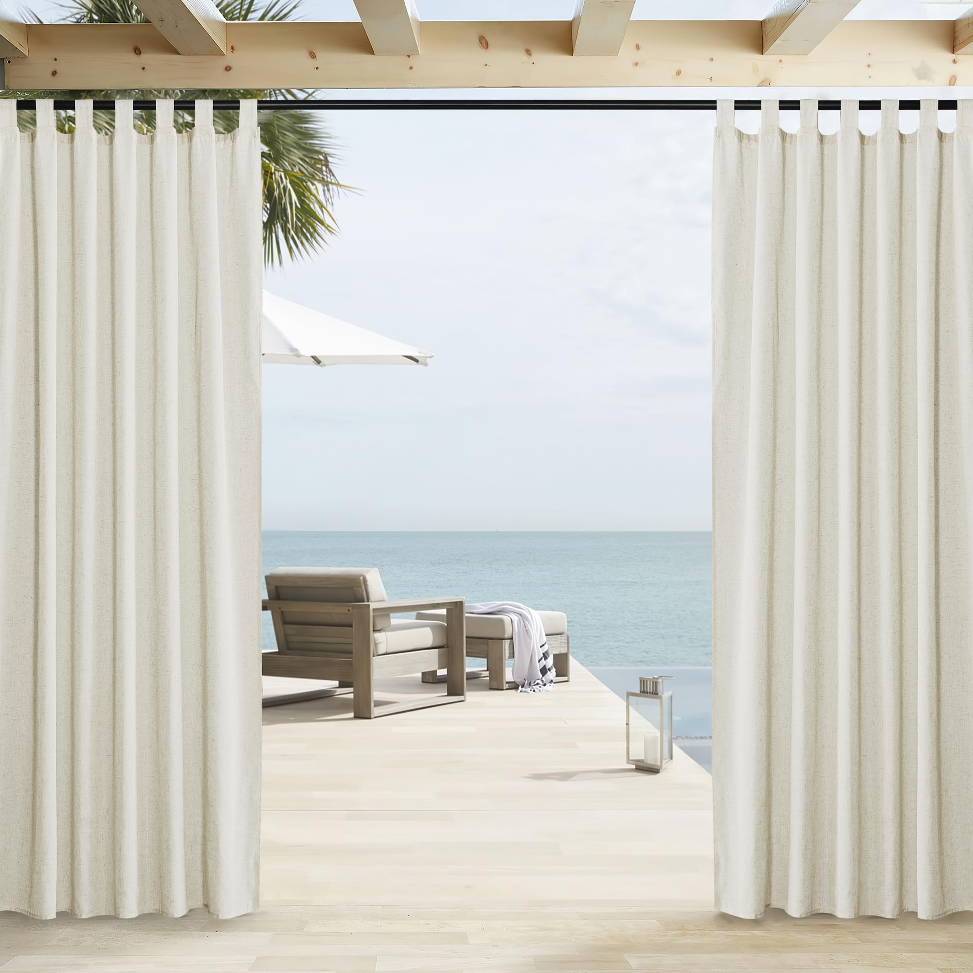 PONY DANCE Tende Lino con Passanti Adesivi Curtains da Sole per Balconi Beige Semitrasparenti Tenda per Gazebo Impermeabili 2 Pezzi L 140 x A 274 cm