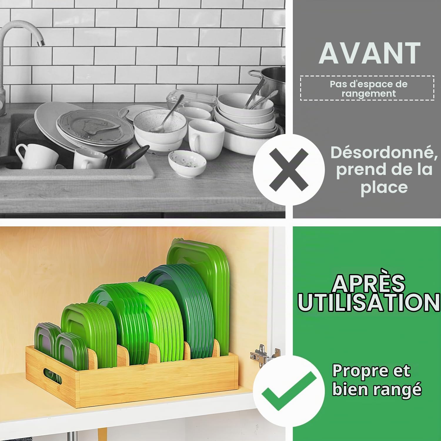 Egoutoire Vaisselle Cuisine Égouttoir à Vaisselle Bambou Rangement Sous Evier Cuisine Range Couverts Porte Rangement Assiette Organisateur Placard Cuisines Avec 5 Séparateurs