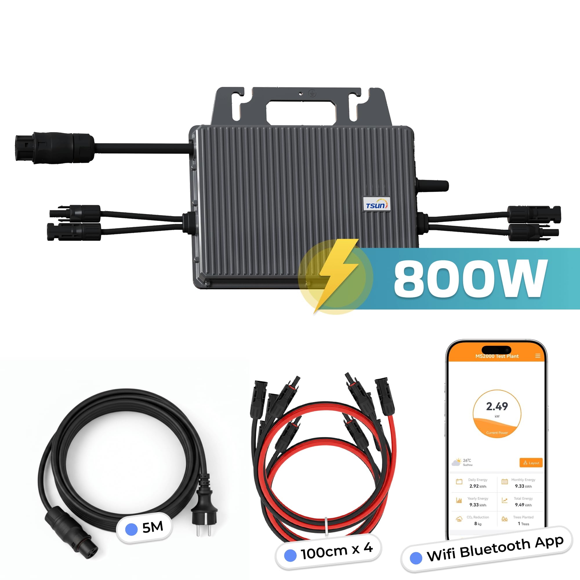 TSUN Mikro-Wechselrichter 800W TSOL-MS800 für Balkonkraftwerk, IP67 wetterfest, Plug&Play Installation, 2 MPPT, Bluetooth & WiFi, inkl. 5m Anschlusskabel & 4X 1 m Solar-Verlängerungen, Micro Inverter