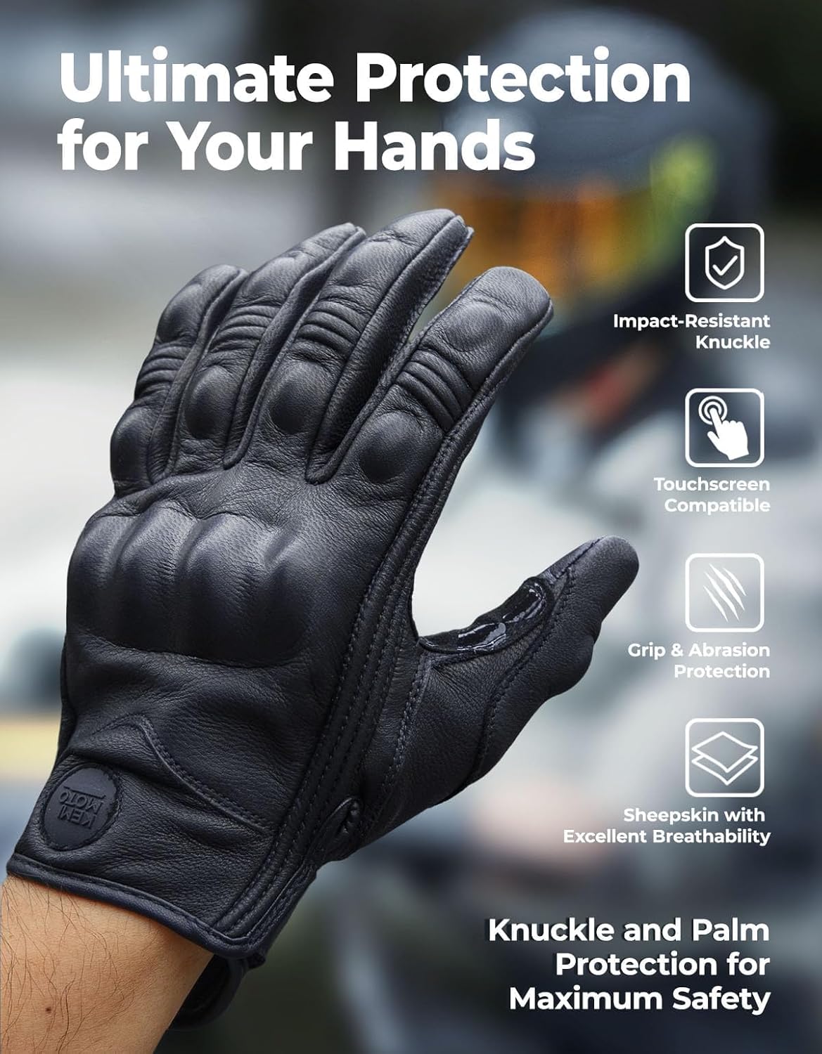 KEMIMOTO Motorcycle Leather Gloves, Sheepskin Protective Gloves for Men and Women, Touchscreen Compatible, Hard Knuckle, Gear for Motorcross Racing Cycling - Image 2