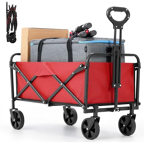 Collapsible Foldable Wagon,Wagons Carts Foldable with Wheels,Utility Grocery Folding Wagon for Sand Garden Sports Shopping Outdoor,Large Capacity(Red).