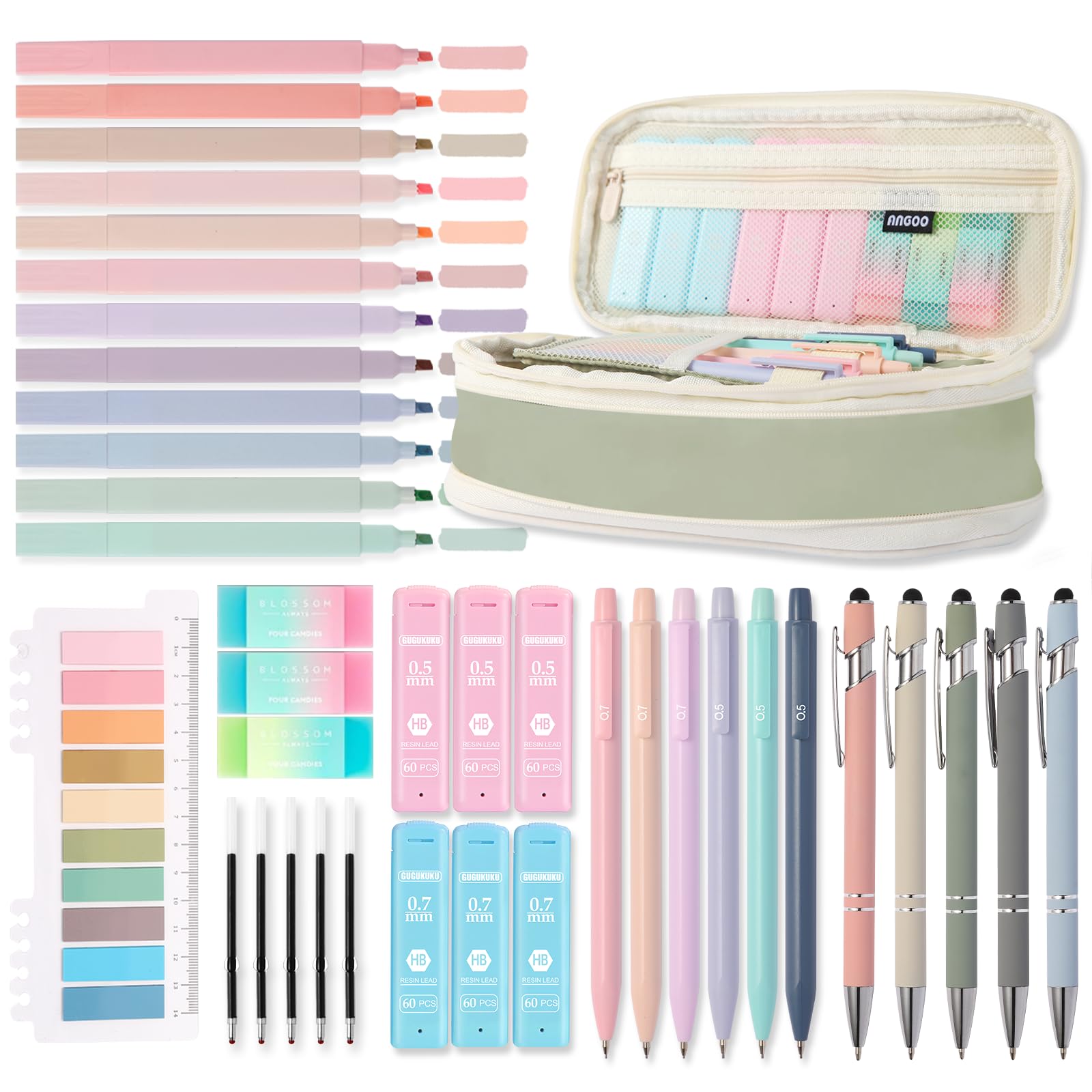 39 artículos escolares estéticos con bonito estuche, 5 bolígrafos con punta de lápiz capacitivo, 12 resaltadores pastel, 6 lápices mecánicos de 0.5 y 0.7 mm, apto para artículos esenciales