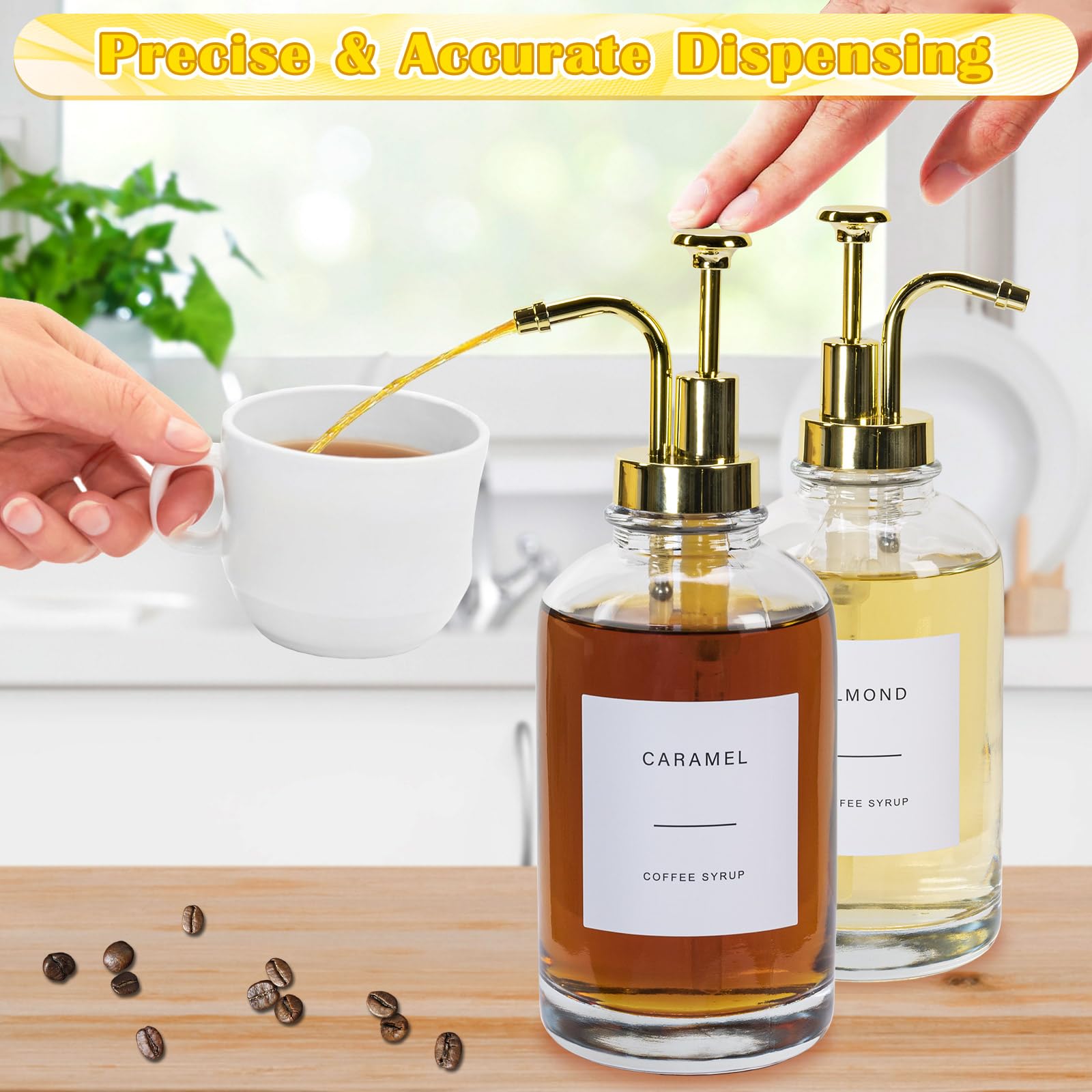 Set di dispenser per sciroppi da caffè, con pompa dorata, 2 bottiglie di sciroppo di vetro con 36 etichette e spazzola per bottiglie, imbuto, vassoio, 16,9 oz 500 ml