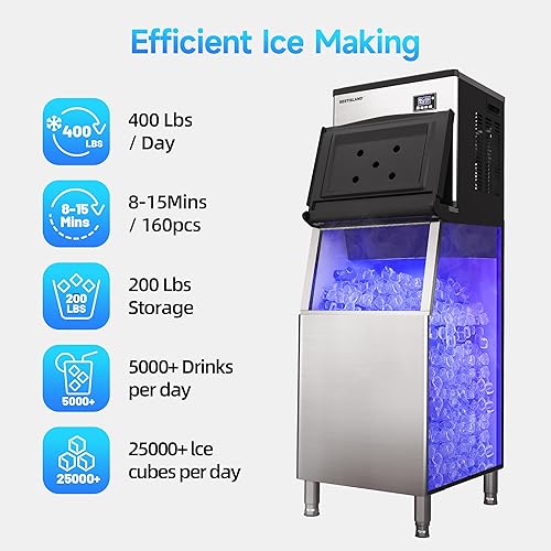 Miniatura 8 de RESTISLAND Máquina comercial para hacer hielo, 270 libras24 horas, contenedor de almacenamiento de 48 libras, acero inoxidable, luz azul,