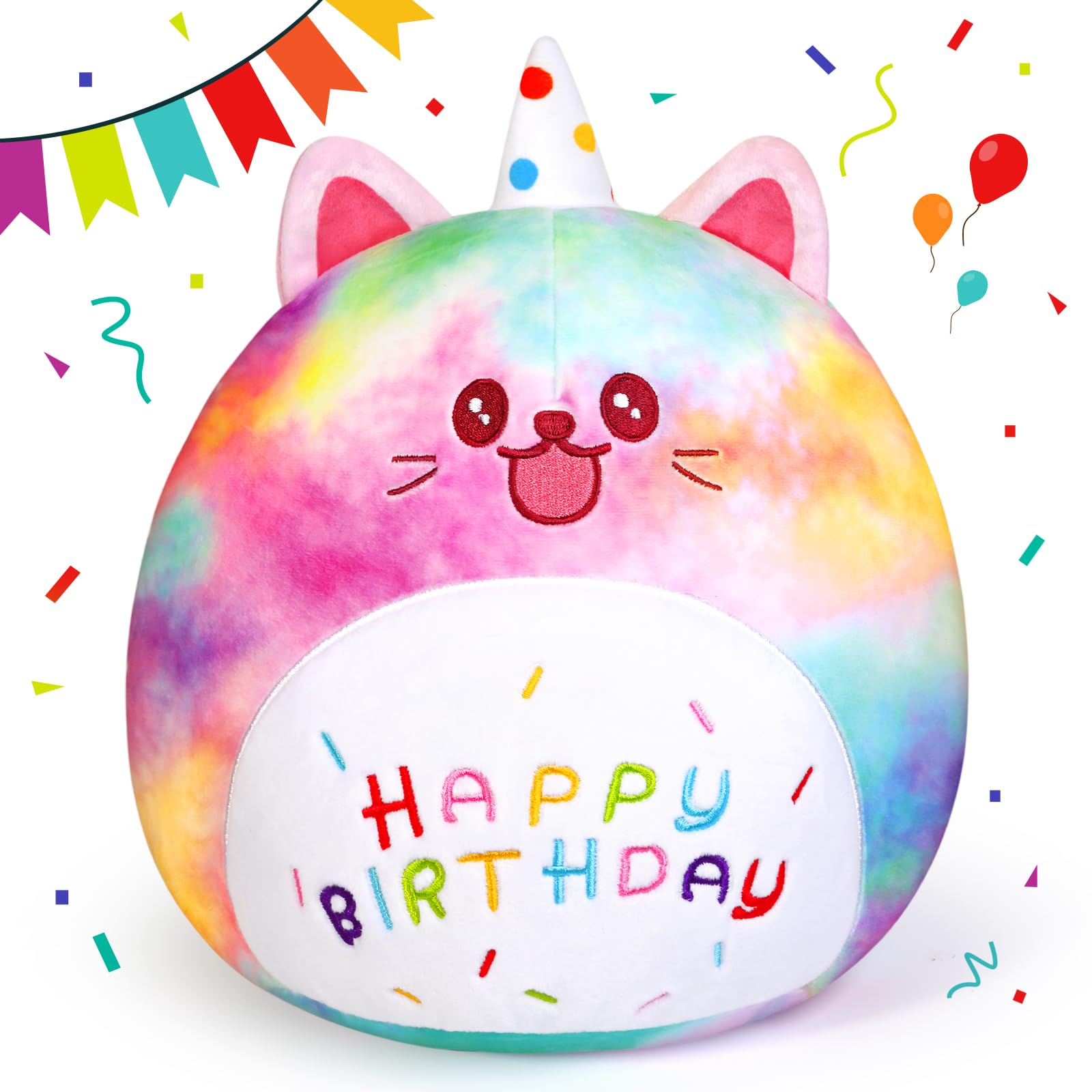 KMUYSL Cat Plush Toy Birthday Kitty Plush Pillow, Soft Cute Birthday Stuffed Animal Cat Plushies Pillow Home Room Decor Gifts for Boys Girls Kids Adults (Rainbow Cat)