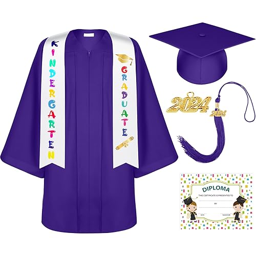 Unisex Matte Kindergarten Graduation Gown Cap Tassel Set with 2024 Charm Printed Stole for Kid Grad Gift
