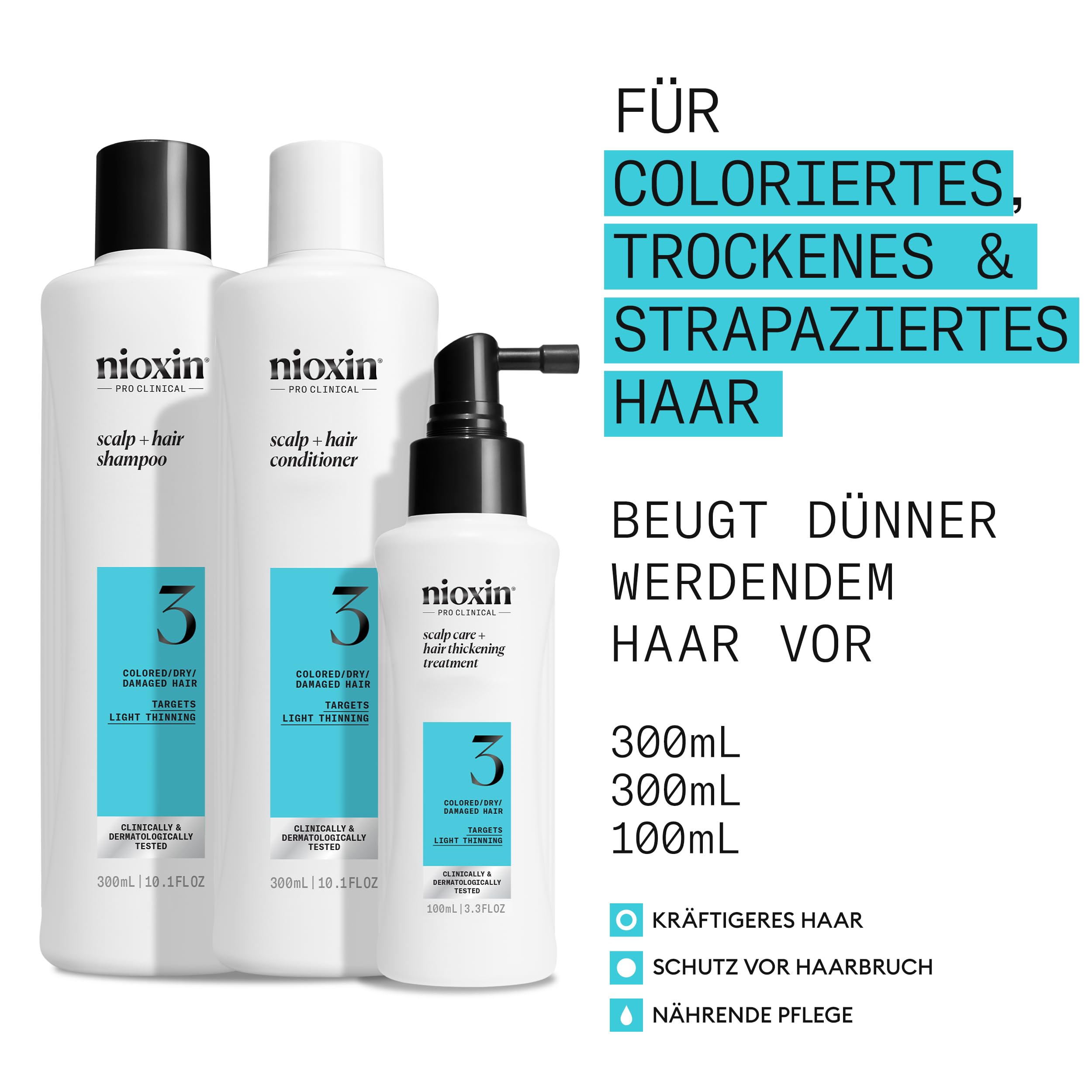 Nioxin Scalp + Hair Kit System 3 - Haarpflege für coloriertes, trockenes & strapaziertes Haar. Beugt dünner werdendem Haar vor – Shampoo, Conditioner & Scalp Treatment