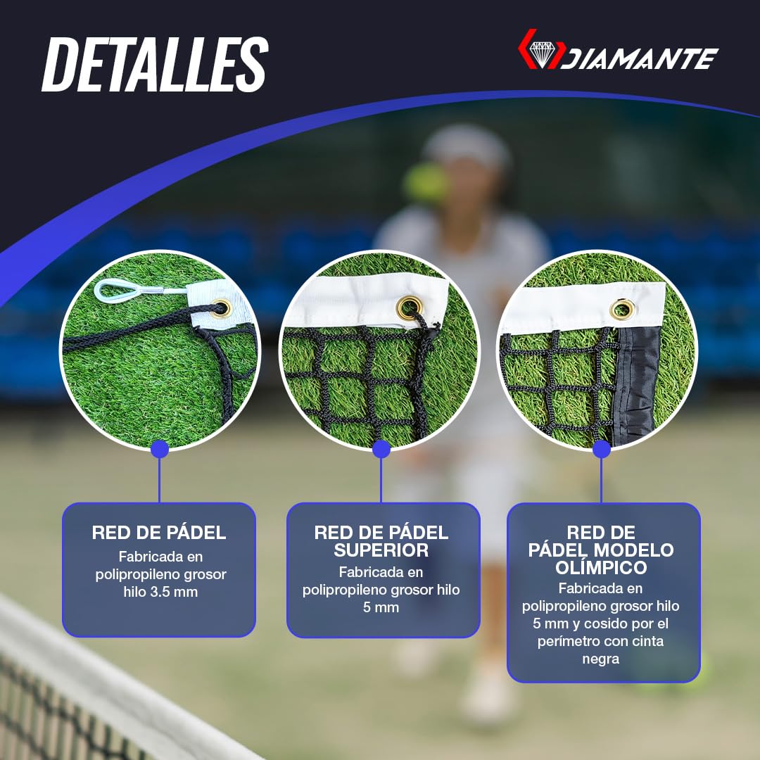 DIAMANTE Red Padel Profesional - Red Badminton y Padel Accesorios Hombre - 10x0,92m con Cable de Acero y Tratamiento Anti UV - Ideal para Redes Deportivas, Red Pickleball y Badminton Red
