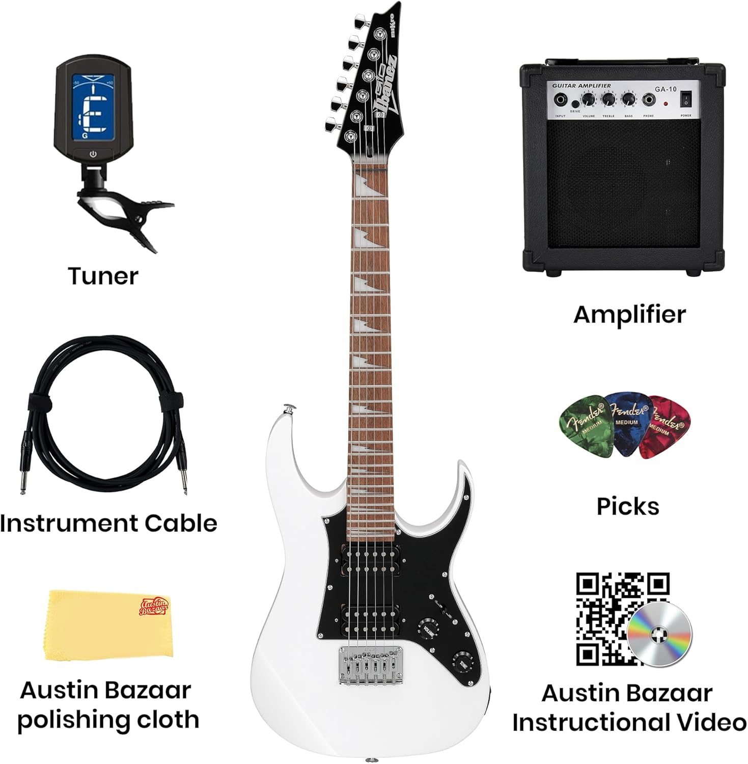 Ibanez GRGM21 RG Gio miKro Short-Scale Electric Guitar - White Bundle with Amplifier, Tuner, Instrument Cable, Picks, Austin Bazaar Instructional DVD, and Polishing Cloth