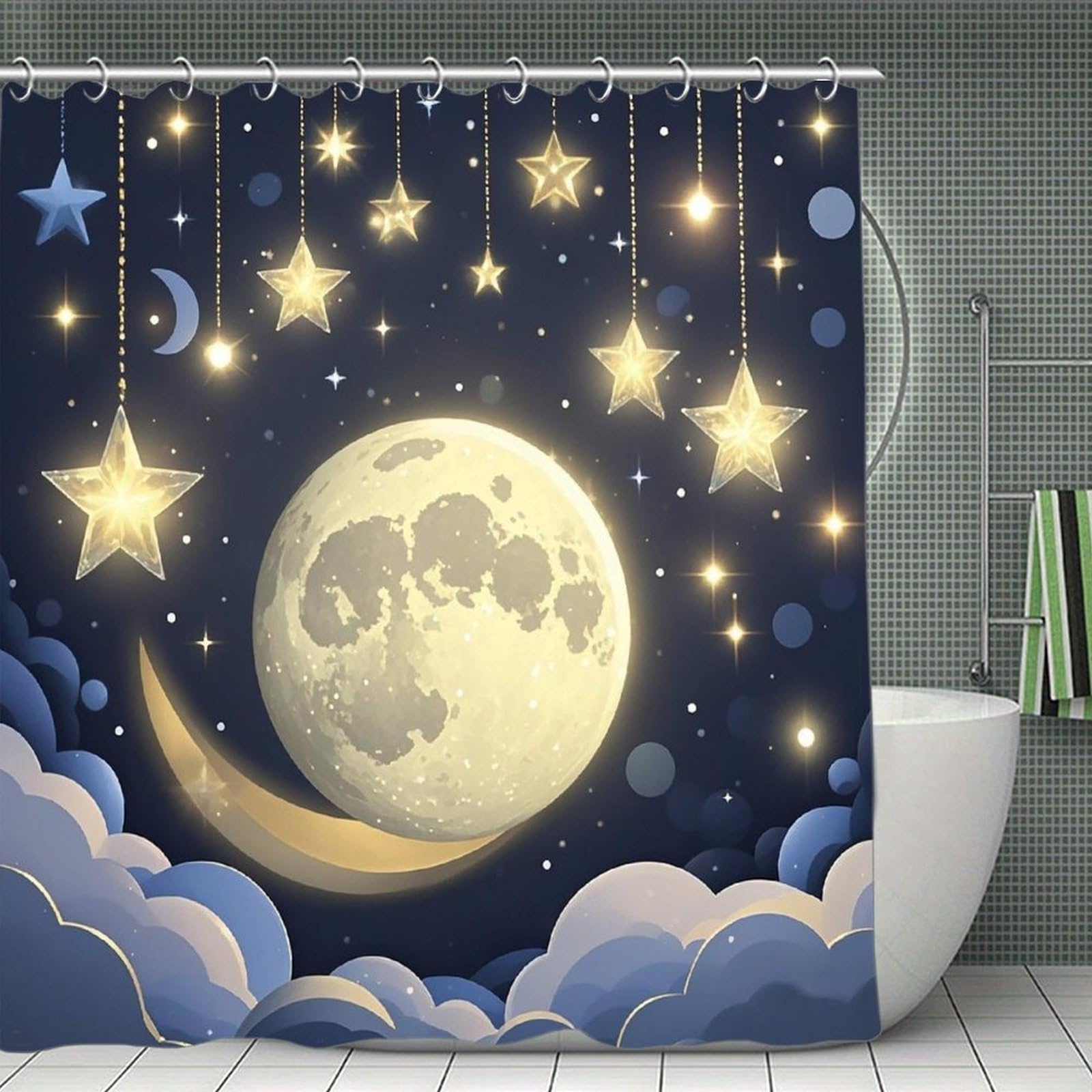 FekiLoot Stars and Moon on Dark Background Shower Curtain Minimalist Thick Bathroom Curtain Washable Modern Bathroom Shower Curtain Heavy Duty Waterproof Cloth Bath Curtain with Hooks 70.8"x70.8"