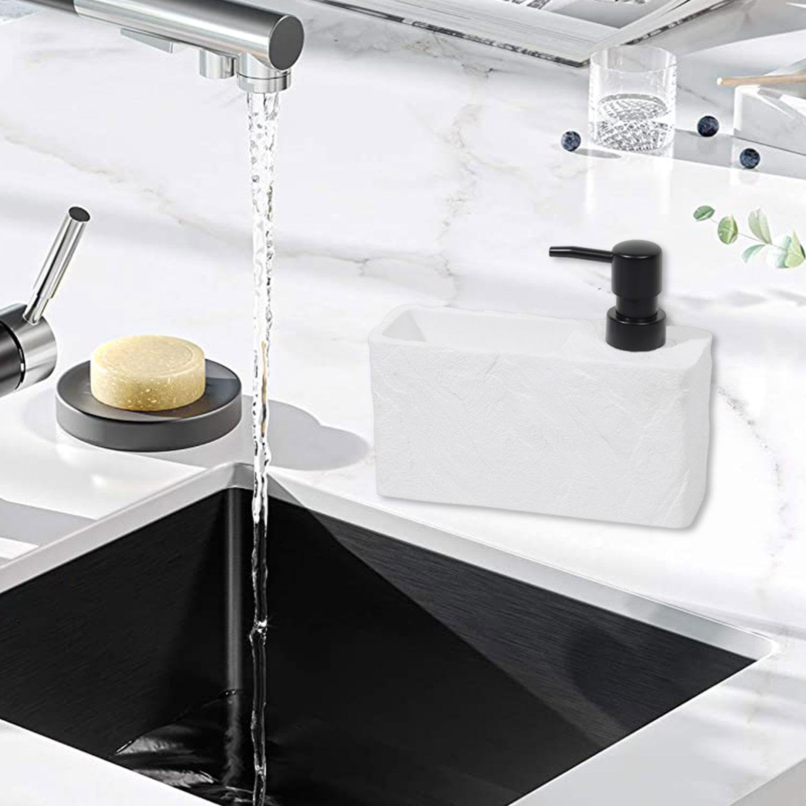 Dispenser Sapone Liquido Porta Spugna in Resina con Pompa Ergonomica Accessorio Salvaspazio per Detersivo Adatto a Cucina Bagno Hotel, Bianco