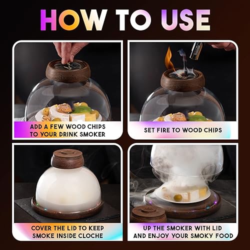Miniatura 4 de Kit de ahumador de cóctel con base de madera LED y cúpula de cristal, 7.8 x 4.7 pulgadas, madera de alta calidad, ahumador de barra de whisky para