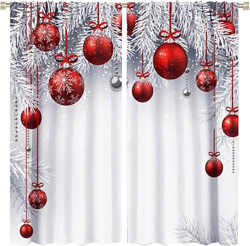 Cortinas de Navidad clásicas vintage, rama de pino nevado con bola de Navidad roja, bolsillo para cortinero, tratamientos de ventana para sala de