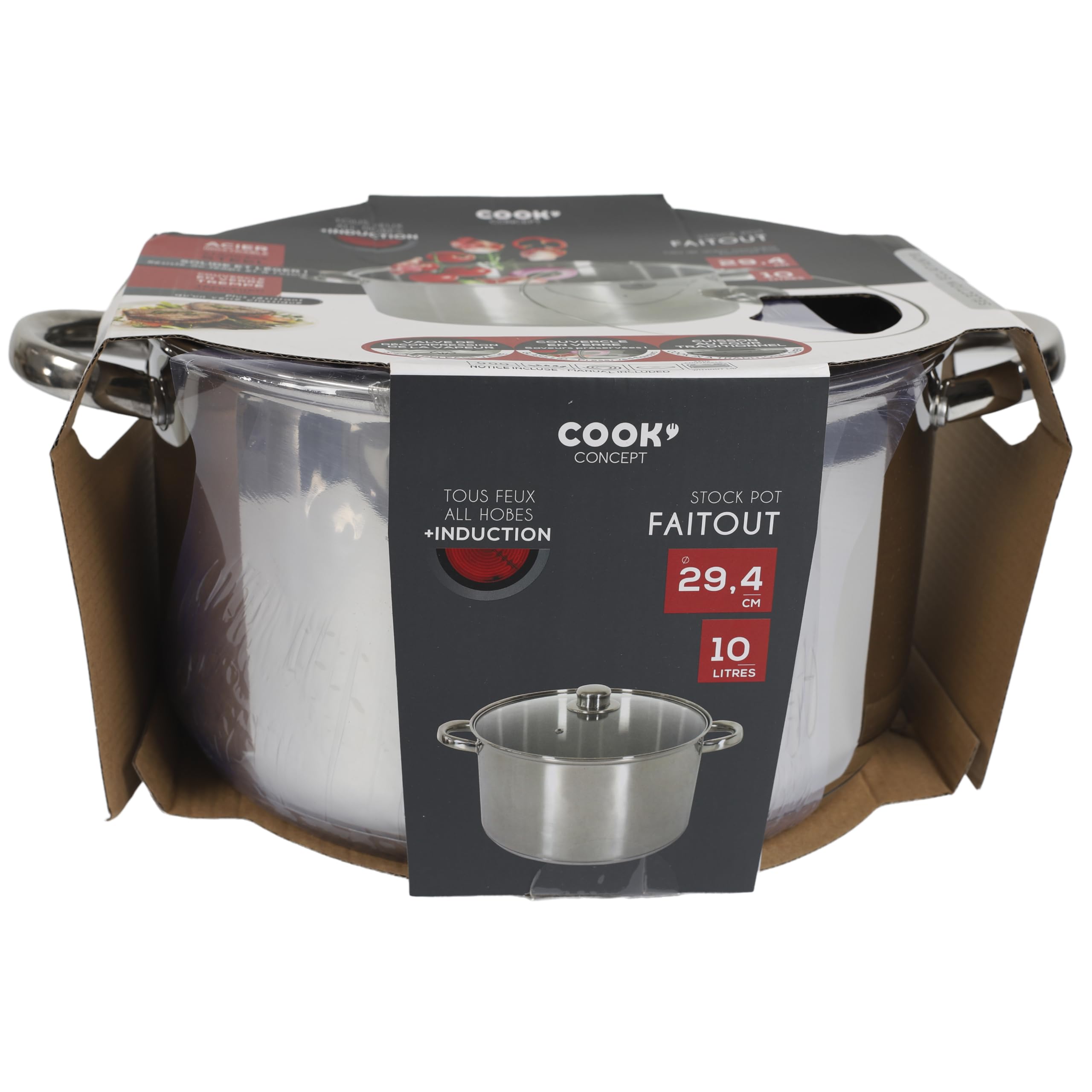 COOK CONCEPT - KC0005 Olla de Metal con Tapa de Vidrio - Capacidad 10L - Compatible con Todo Tipo de Fuegos - para Sopas y Guisos - Diseño Elegante - Acabado Plateado - 10L Plata