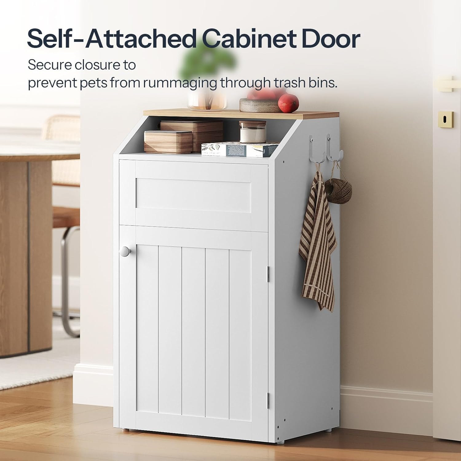 Trash Cabinet, Freestanding Trash Can Cabinet, Wooden Recycling with Flip Door, 10 Gallon Hidden Kitchen Garbage Can for Kitchen, Living Room, White WB01WT