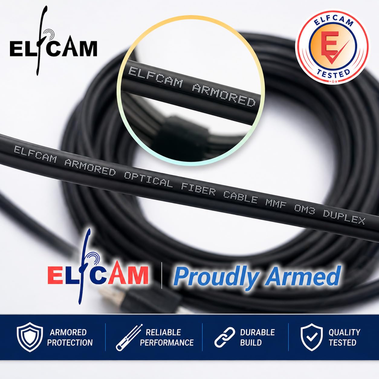 Elfcam® - Câble à Fibre Optique en Acier Blindé pour Extérieur et Intérieur LC/UPC à LC/UPC OM3 Multimode Duplex 50/125um Noir (30M)