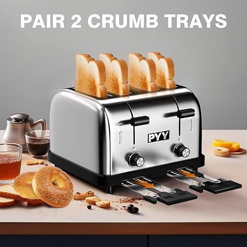 Miniatura 3 de PYY Tostadora comercial 4 rebanadas - 225 rebanadashora 1800W Pop Up ranuras anchas 1.57 pulgadas acero inoxidable 6 niveles ajuste