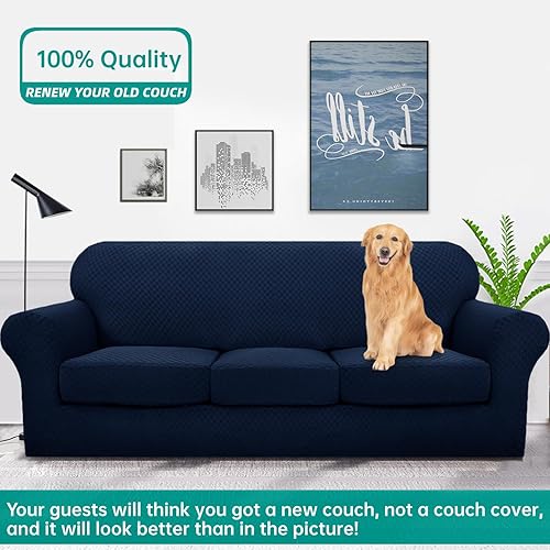 Miniatura 2 de YEMYHOM  Juego de 4 fundas a cuadros para sofá de 3 cojines, gruesas y elásticas, protegen de perros y mascotas, para la sala y los muebles (azul