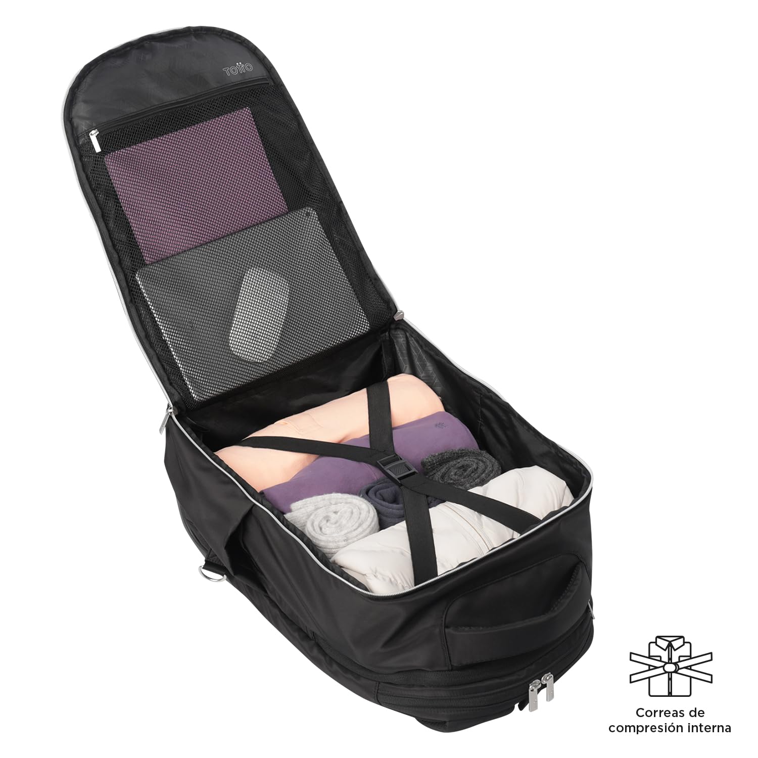 TOTTO - Mochila de Viaje con Ruedas, Modelo Trolley, Capacidad 22 L, Compartimento Pc 15”, Bolsillo para Botella, Bolsillo Interno Cremallera, Manija Telescópica, Pasador para Maleta, Color Negro