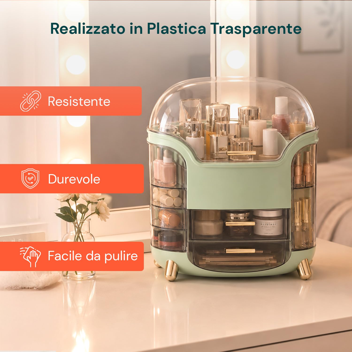 Wintem Porta Trucchi Rotante Trasparente Verde, Make Up Organizer con 2 Cassetti Girevoli a 90° e 2 Scomparti Laterali, Organizzatore Cosmetici Compatto da Toeletta