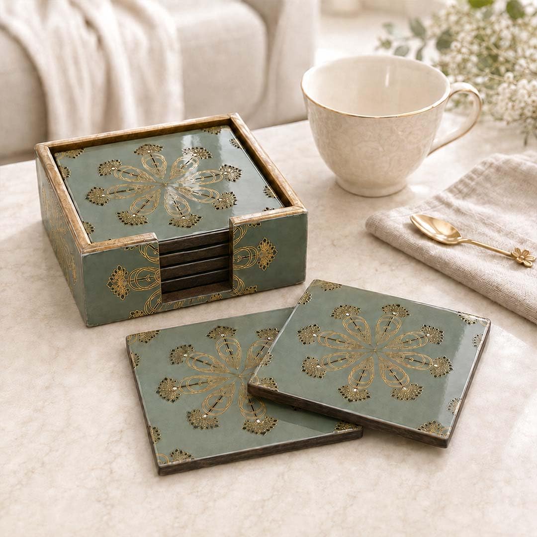 The Earth Store Premium Emerald Heritage Wooden Coaster Set of 6 with Matching Holder – Engineered Wood with Resin Art Wooden Coaster | Tea Coaster Set of 6 | Square Coaster Set for Dining Table-image-7