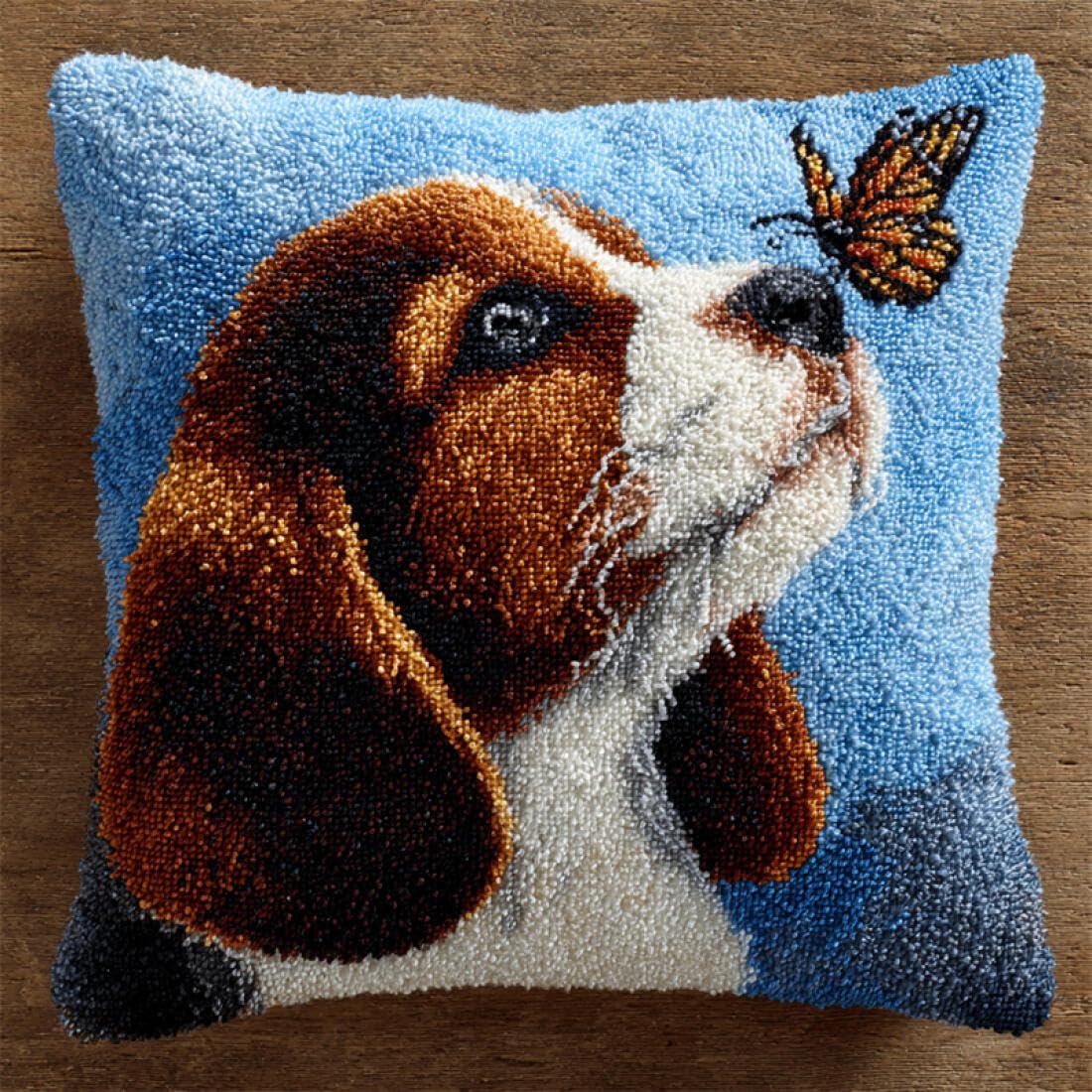 Kitquiver Animal DIY Latch Hook Kit Cartoon Basset Hound DIY Latch Hook Rug Kit for Beginners Embroidery Cushion Canvasfor Adult Beginners 17x17In