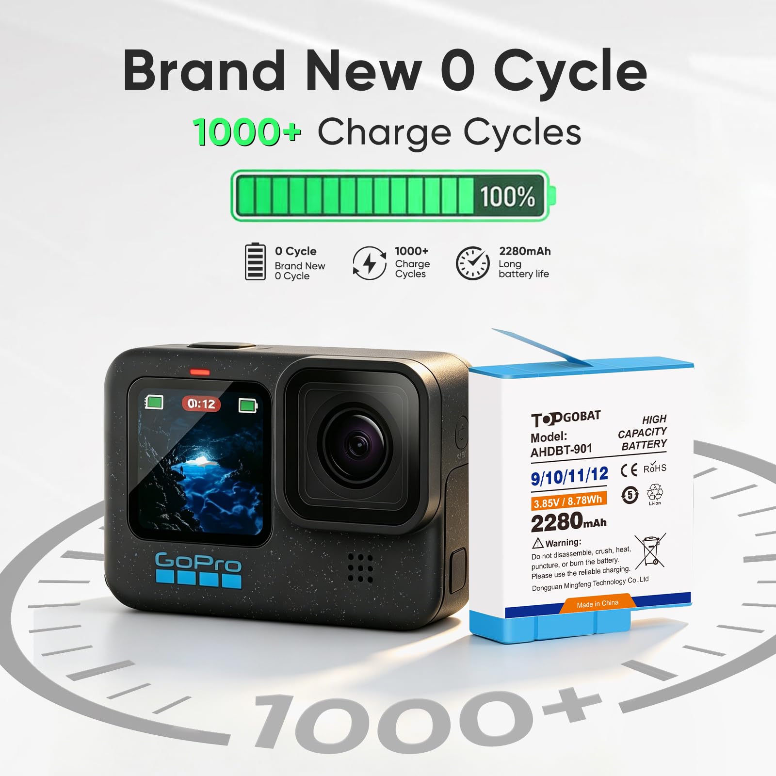 Lot de 2 batteries de rechange AHDBT-901 pour GoPro Hero 9/10/11/12 Noir 2280 mAh 3,85 V 8,78 Wh Li-ion rechargeables pour caméra d'action
