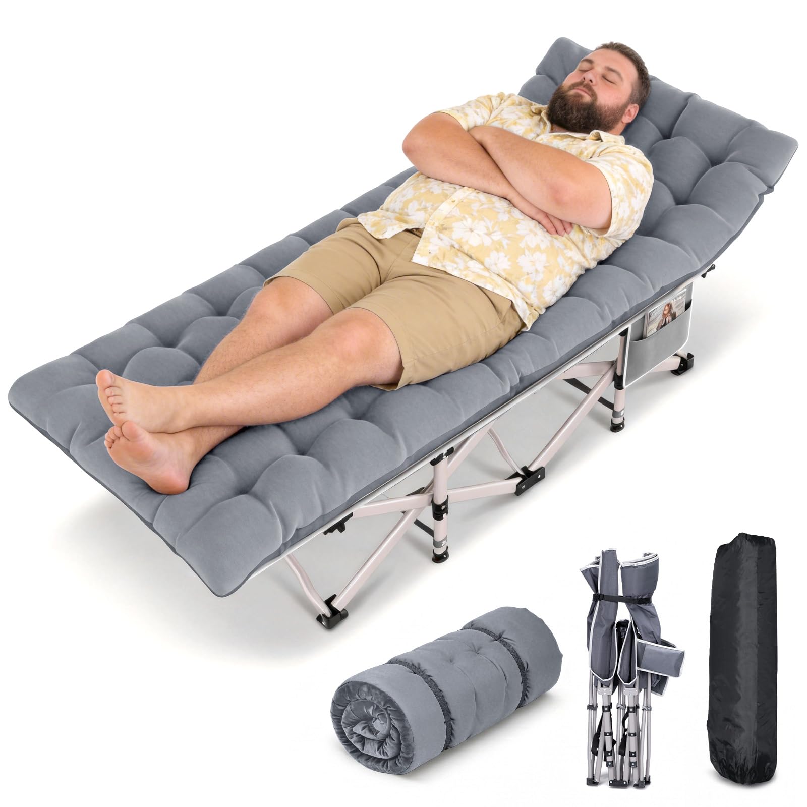 Feldbett Klappbar mit Matratze – 7-Zonen Campingbett 200 kg XXL, Wende-Auflage 2-in-1 Sommer & Winter, Schwerlast Gästebett für Outdoor, Innen, Garten & Zelt,