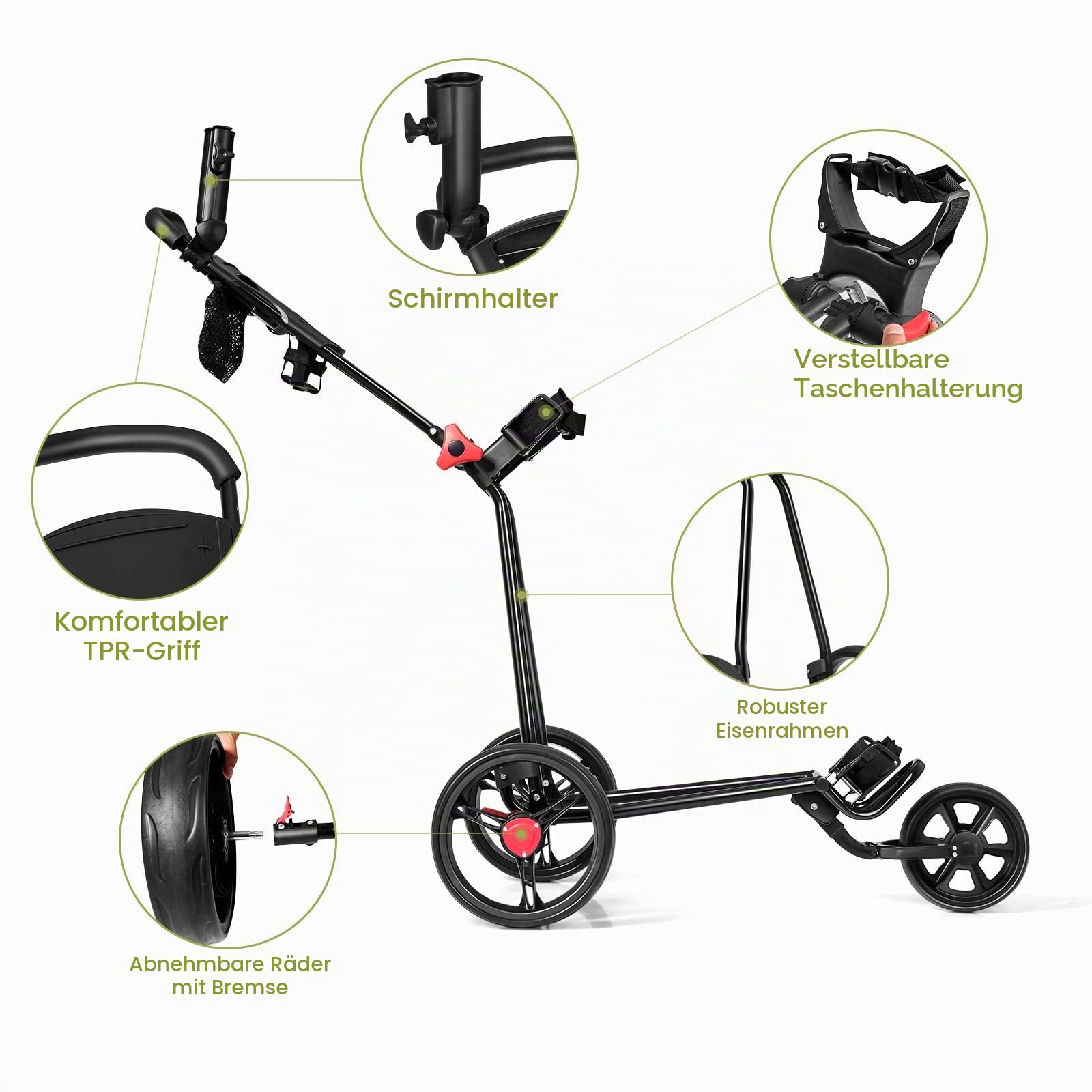 LIFEZEAL Faltbarer Golfwagen mit 3 Rädern, Golf Push Trolley mit verstellbarem Griff und Fußbremse, Golf-Caddy aus Eisen, Golftrolley mit Schirmständer, Schwarz