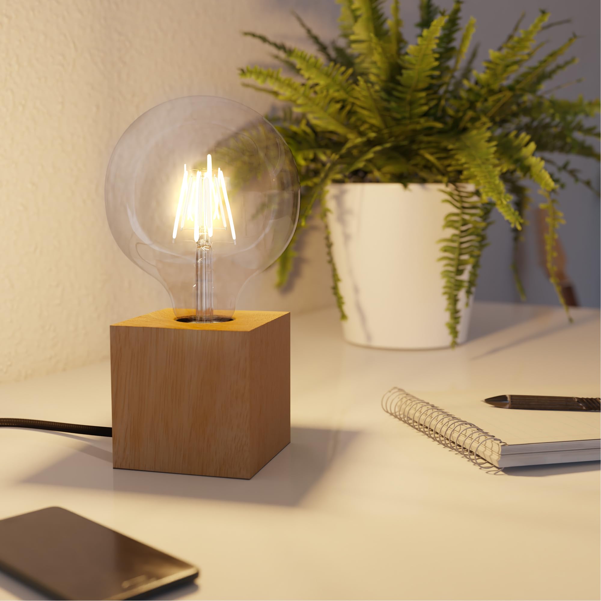ledscom.de 2 lampade da tavolo HITO, interruttore, USB, legno vero (albero della gomma), quadrate, marrone chiaro, 1x E27 max. 60W
